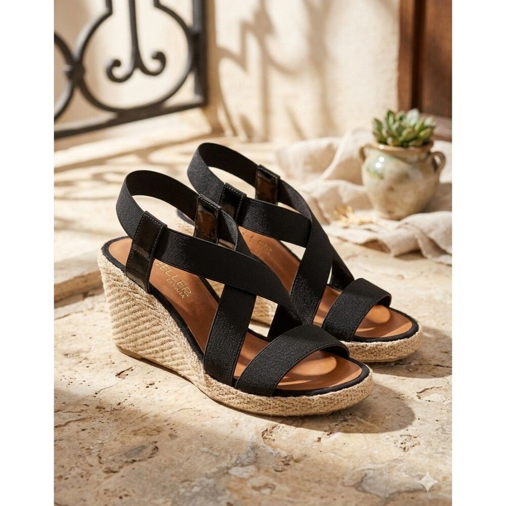 Casteller Spain Black Elastic Espadrille Wedge Sandals Womens Size 40 US 9 NEW